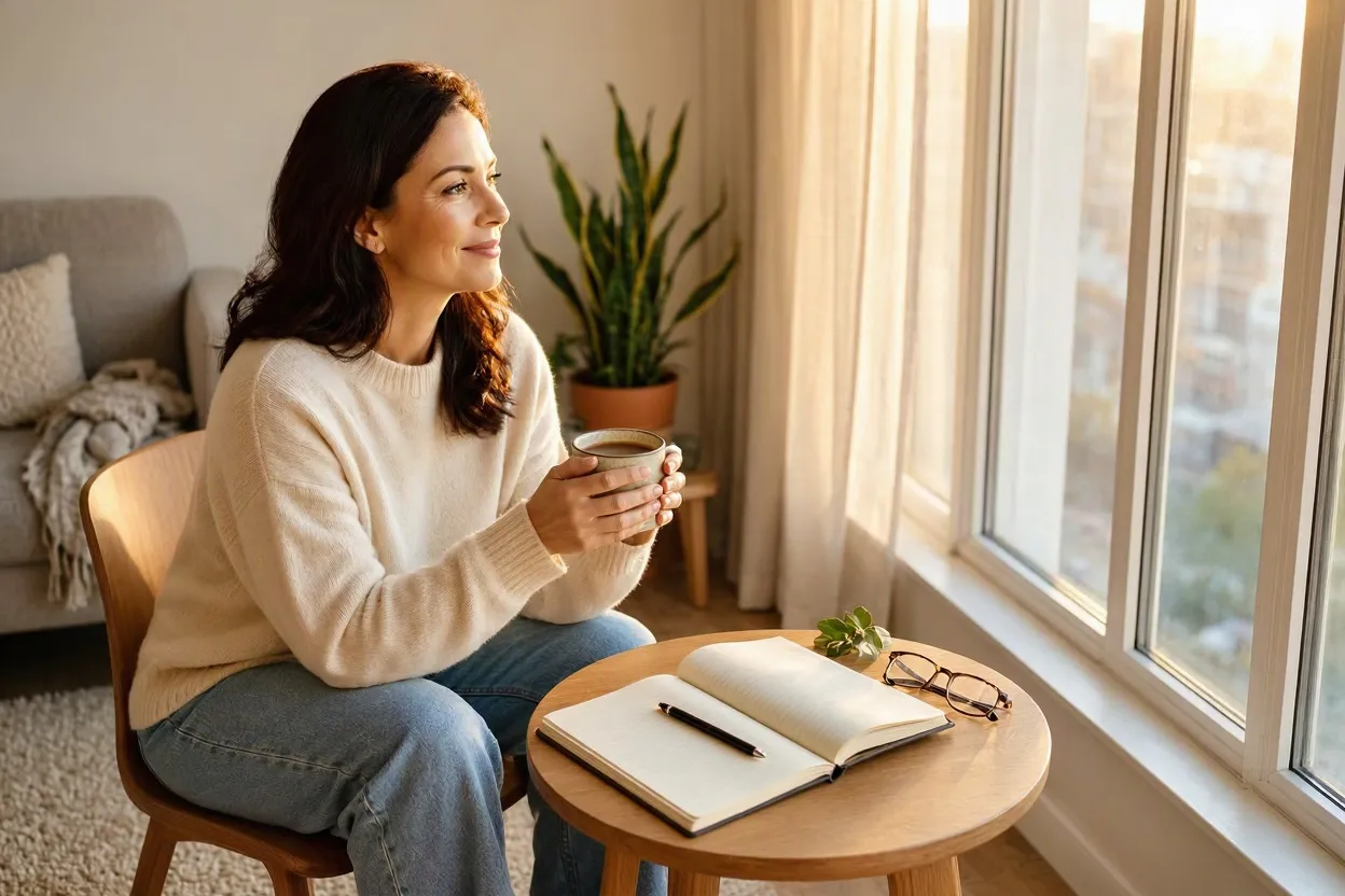 practicing self-care with tea and a journal