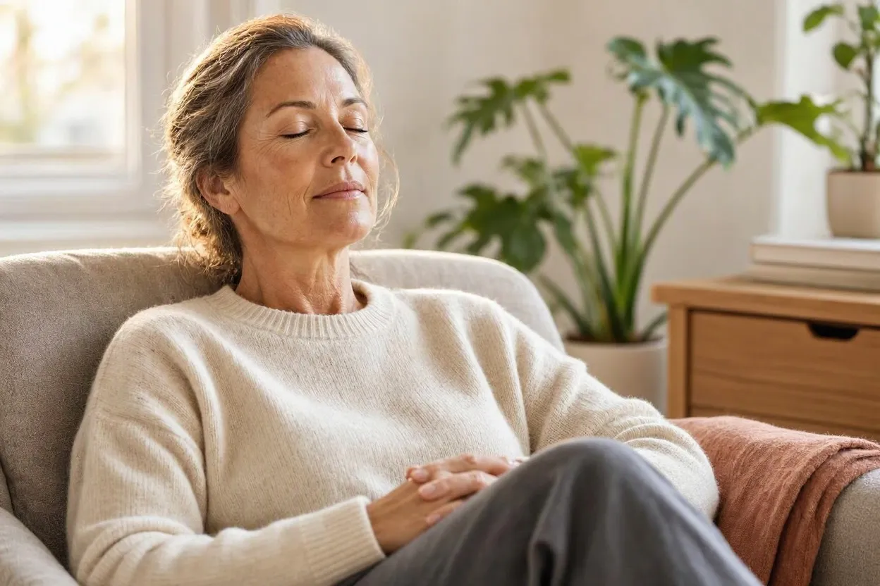sitting comfortably while practicing deep breathing eyes gently closed