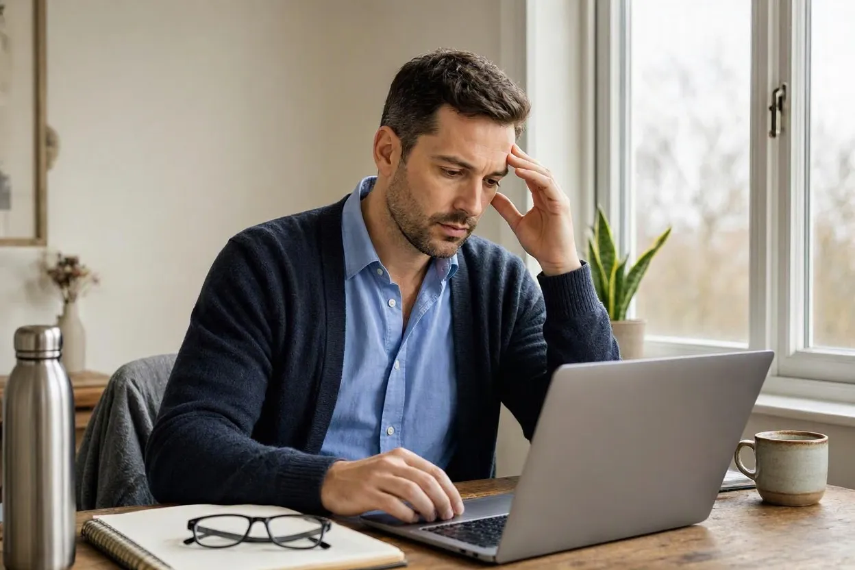 working from home looking mentally fatigued